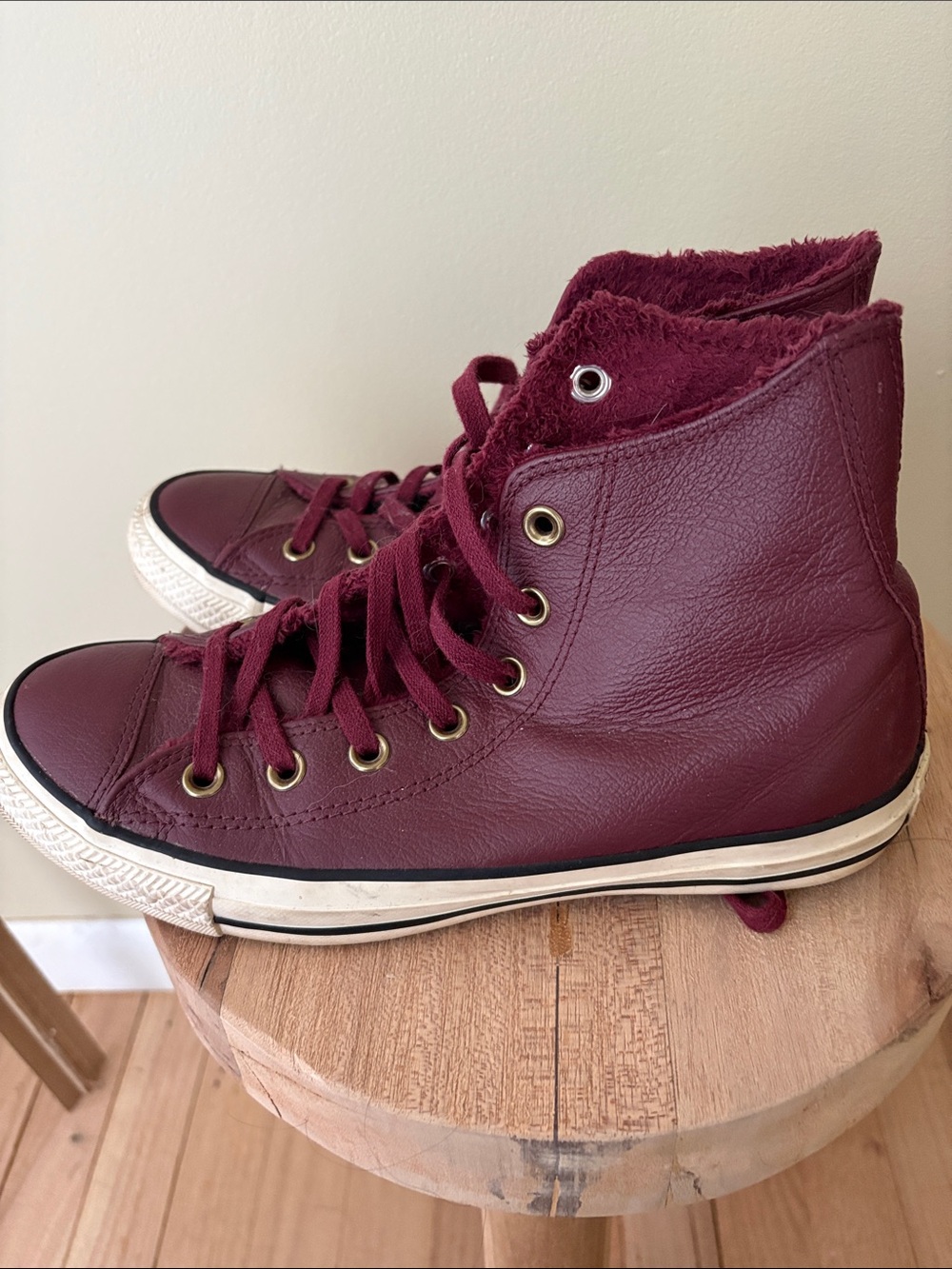 Converse Leather High-Top Lace-Up Sneakers in Burgundy - Picture 3 of 5